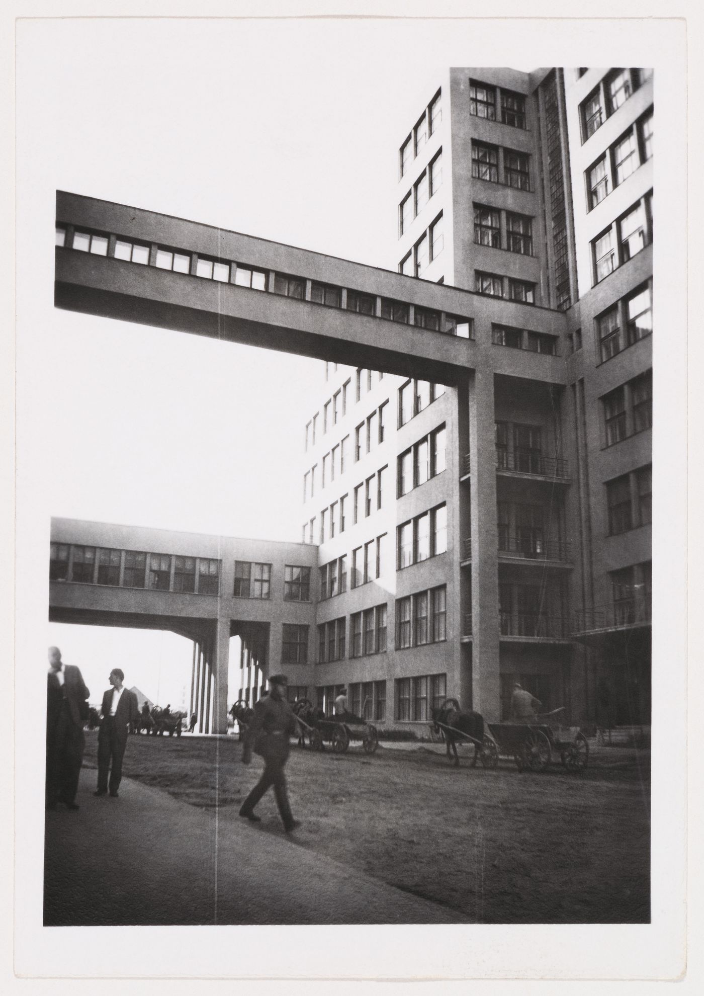 Exterior view of the Department of Industry and Planning (Gosprom) buildings showing the elevated walkways, Kharkov, Soviet Union (now in Ukraine)