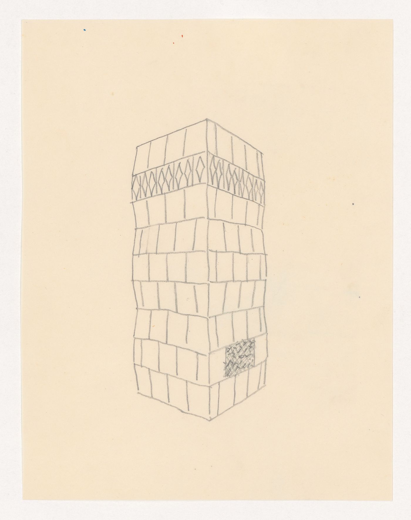 Perspective sketch for a tiled stove with faceted sides