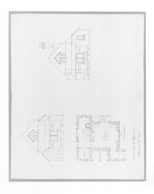 Two elevations and a ground plan for a picturesque cottage