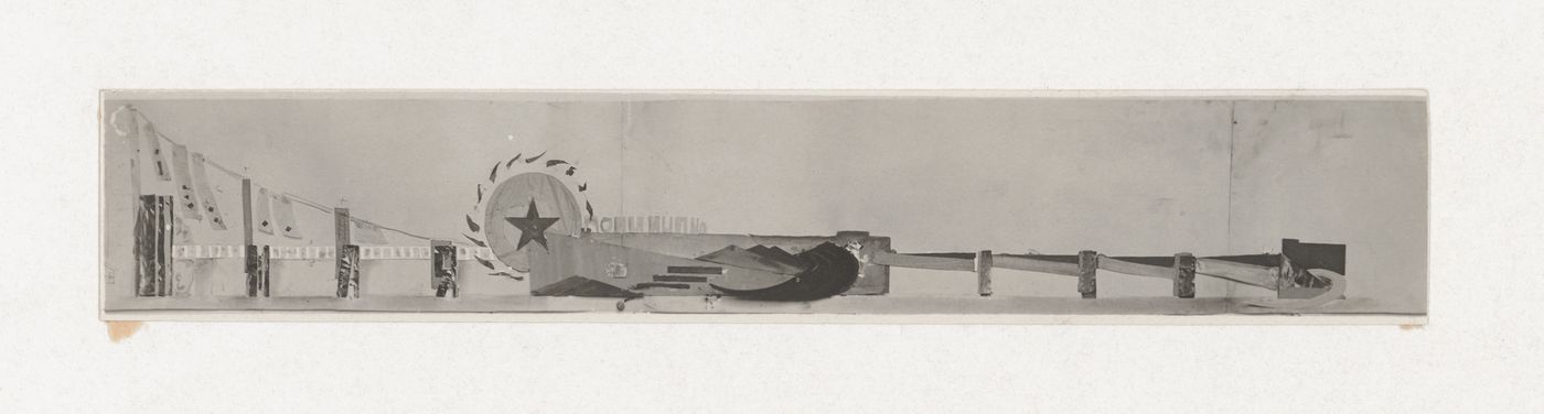 Photograph of a student drawing and a model for the exercise "Design of Surface. Holiday Decoration of the Viaduct on Kalanchevskaia Square in Honor of the 1 May" for the "Space" course at the Vkhutein (Moscow Higher Technical Institute), Moscow