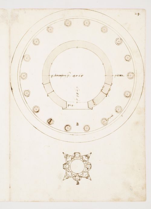 Plan of the round temple on the Forum Boarium (so-called Temple of Hercules Victor), Rome ; lower centre: Plan of a Corinthian capital of the round temple on the Forum Boarium (so-called Temple of Hercules Victor), Rome