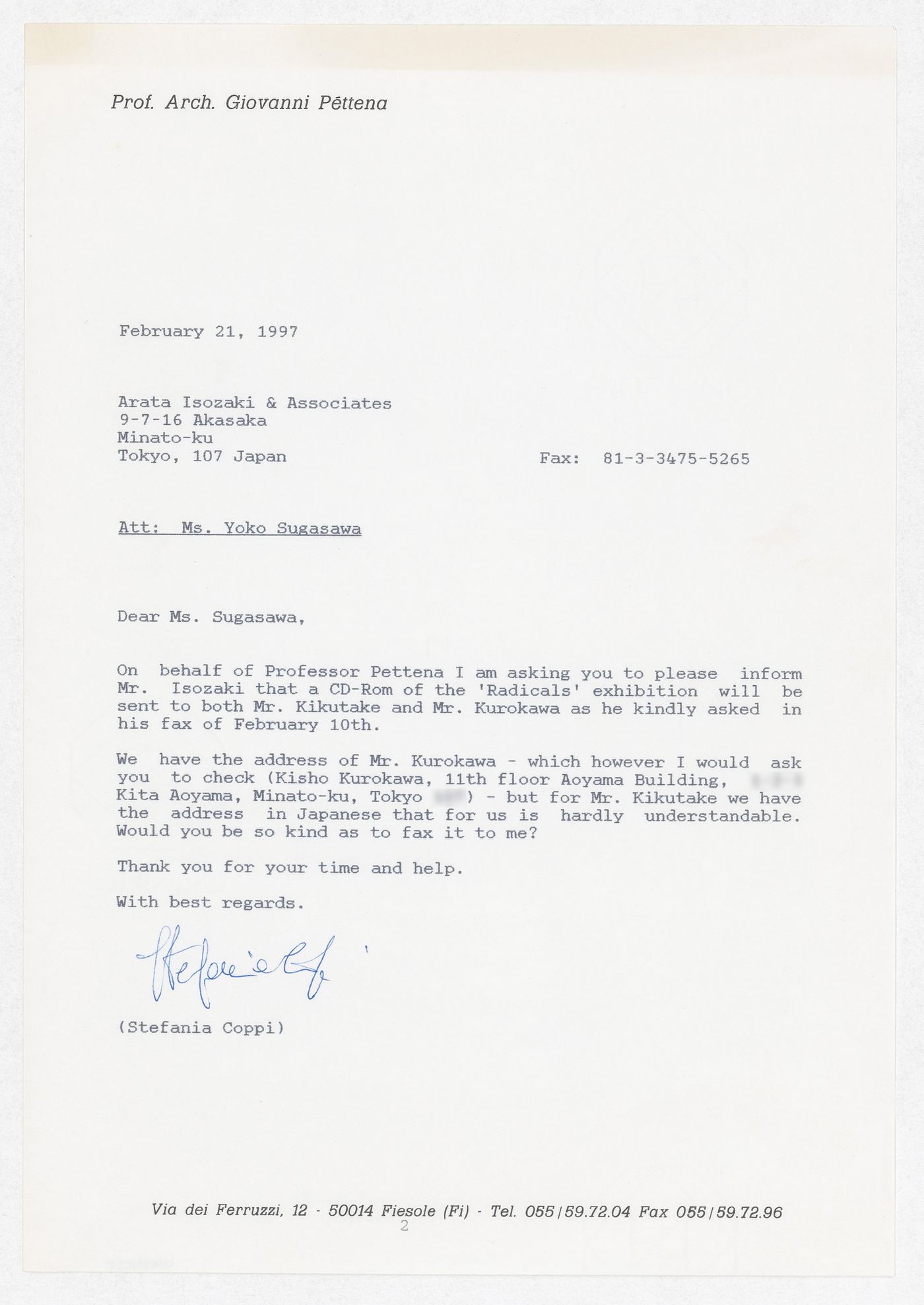 Correspondence with Yoko Sugasawa of Arata Isozaki & Associates regarding Radicals. Architecttura e Design 1960-1975 exhibition materials