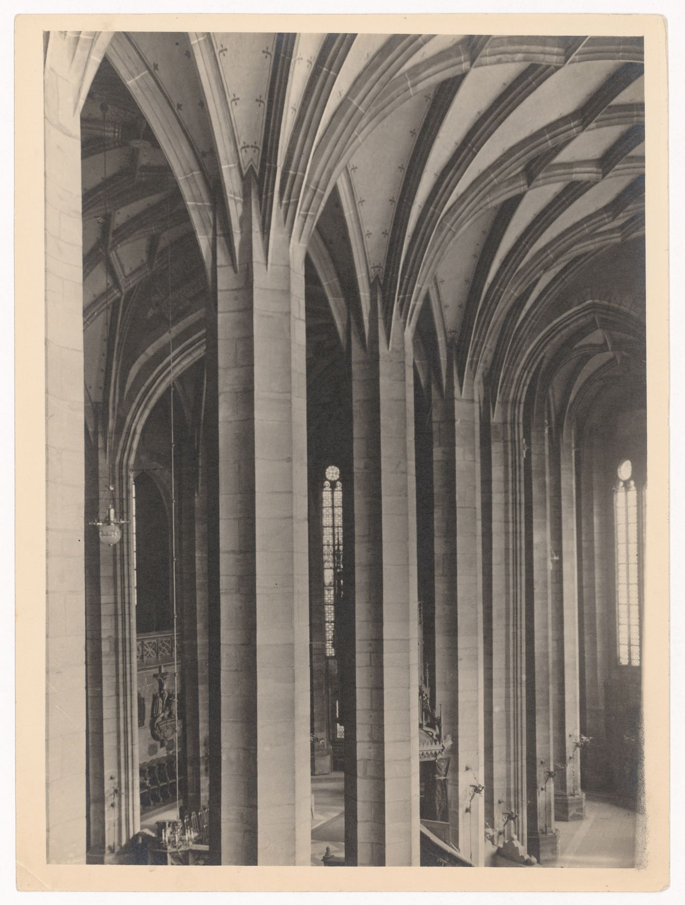 Interior of vaulted church, detail of nave piers, from elevated view point