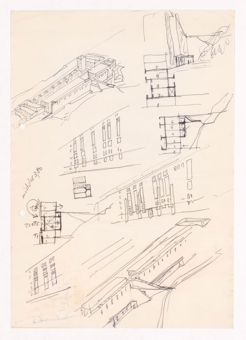 Sketch axonometric views, perspectives and sections for Largo da Lada, Porto, Portugal