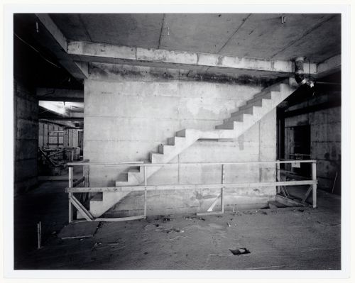 Interior view of the Alcan Wing showing the stairs between the first and the second levels, Canadian Centre for Architecture under construction, Montréal, Québec