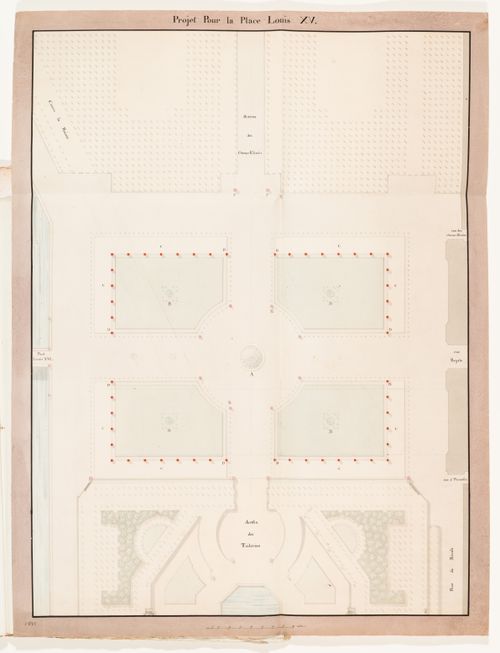 Plan for place Louis XV with five fountains and a promenade bordered by a row of sculptures
