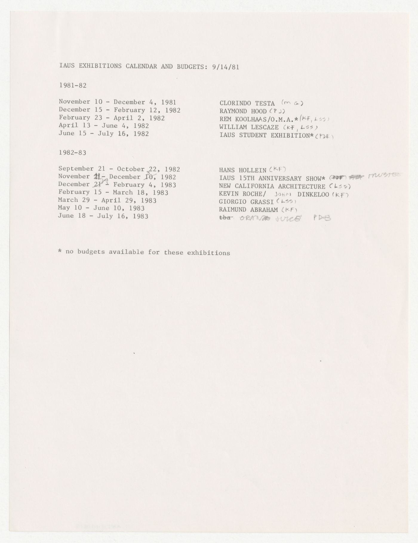 Exhibition calendar with annotations by Peter D. Eisenman
