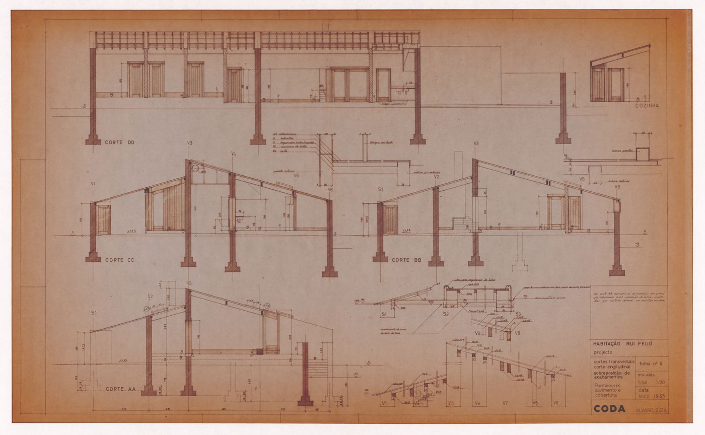 Sections and roof and floor details for CODA (Casa Rui Feijó), Moledo do Minho, Caminha, Portugal