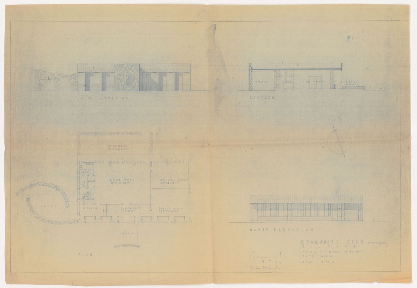 Elevations, sections, and plan for Community club (staff club), Talwara, India