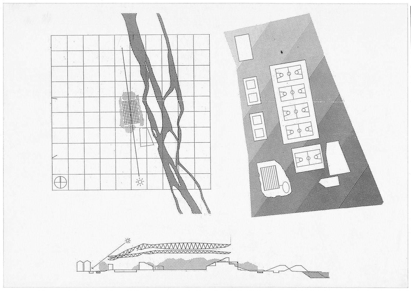 Site plan, floor plan and section, Odawara Municipal Sports Complex, Odawara, Kanagawa, Japan