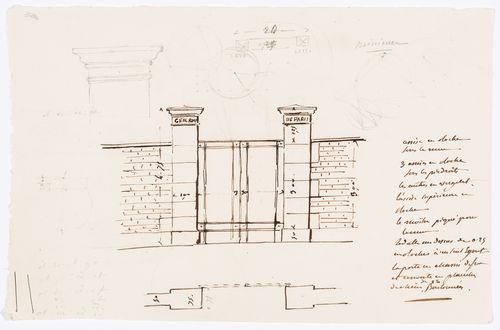 Project for alterations to the Caserne des Minimes, rue des Minimes: Elevation and plan for an entrance gateway; verso: Project for alterations to the Caserne des Minimes, rue des Minimes: Sketch sections for an entrance gateway
