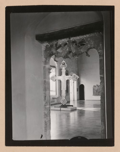 View of a doorway and gallery showing a freestanding painted crucifix, Palazzo Abatellis, Galleria regionale della Sicilia, Palermo, Italy
