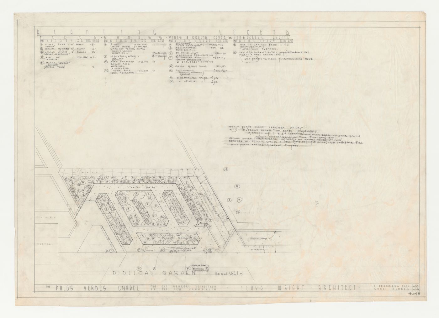 Wayfarers' Chapel, Palos Verdes, California: Planting plan for cloister garden