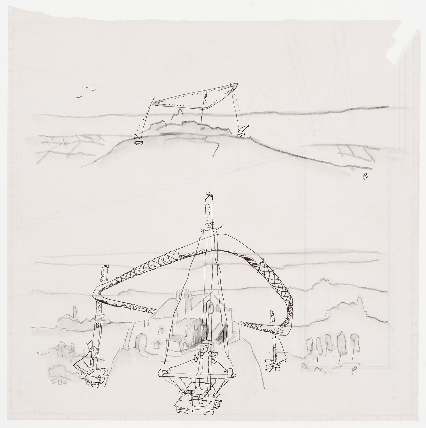 Turtlan: conceptual sketches for "Halo" and supporting structures around a hill town site