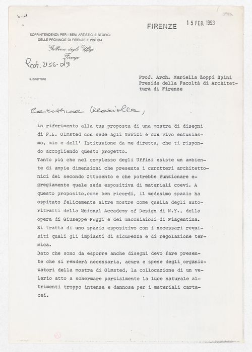 Correspondence with Professor Mariella Zoppi Spini for the exhibition Olmsted: L'origine del parco urbano e del parco naturale contemporaneo