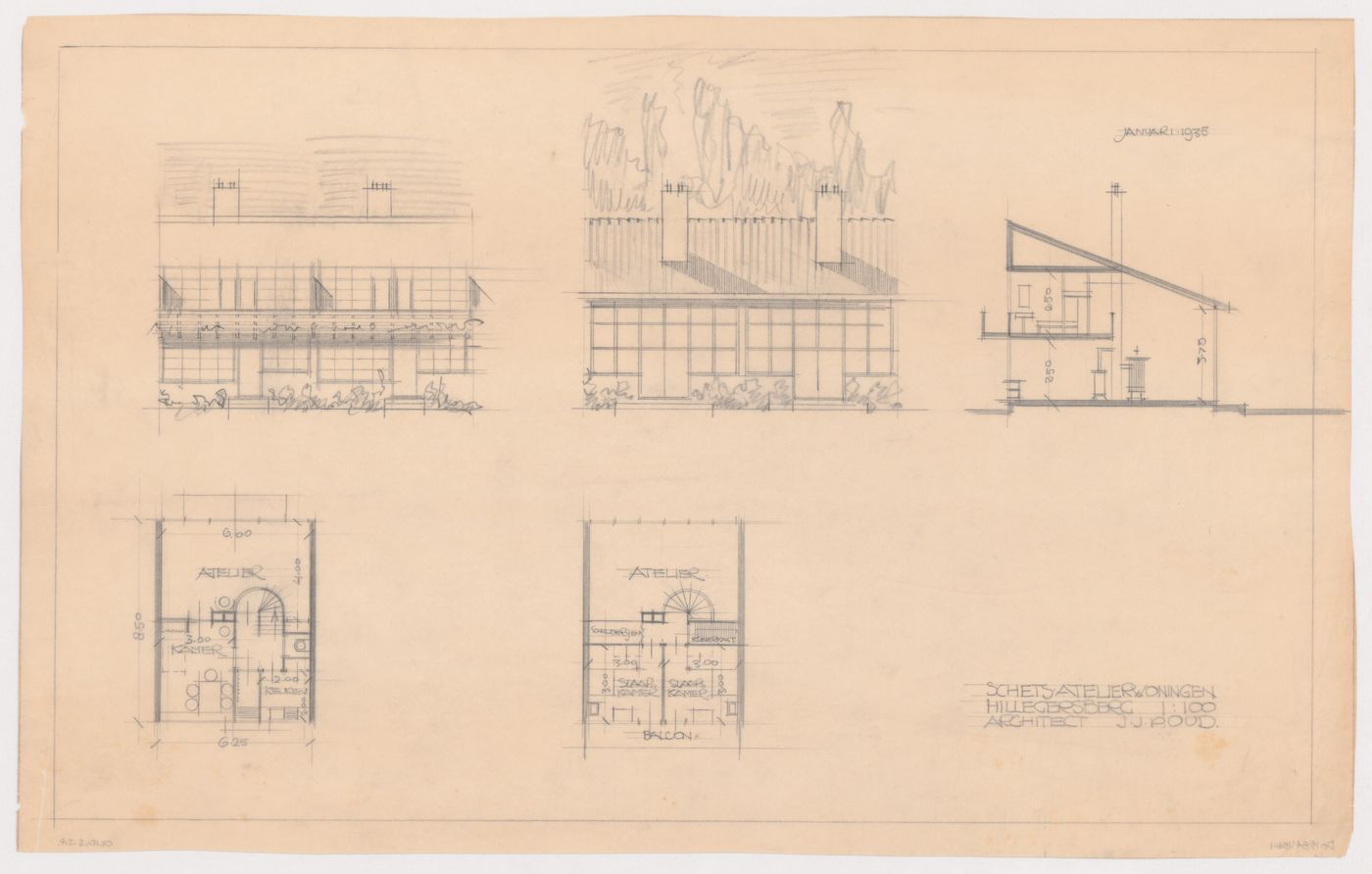 Ground and first floor plans, elevations, and section for a house/studio, Hillegersberg, Netherlands