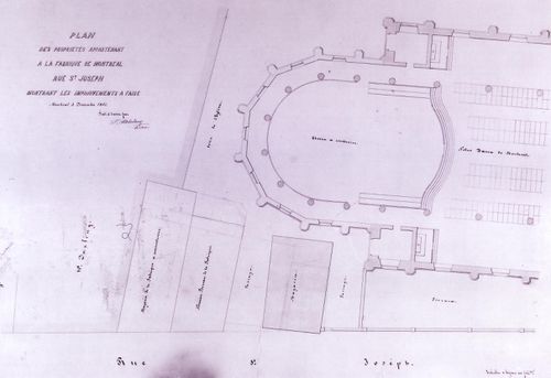 Site plan of Notre-Dame de Montréal and adjoining buildings for the renovations of the 1860s