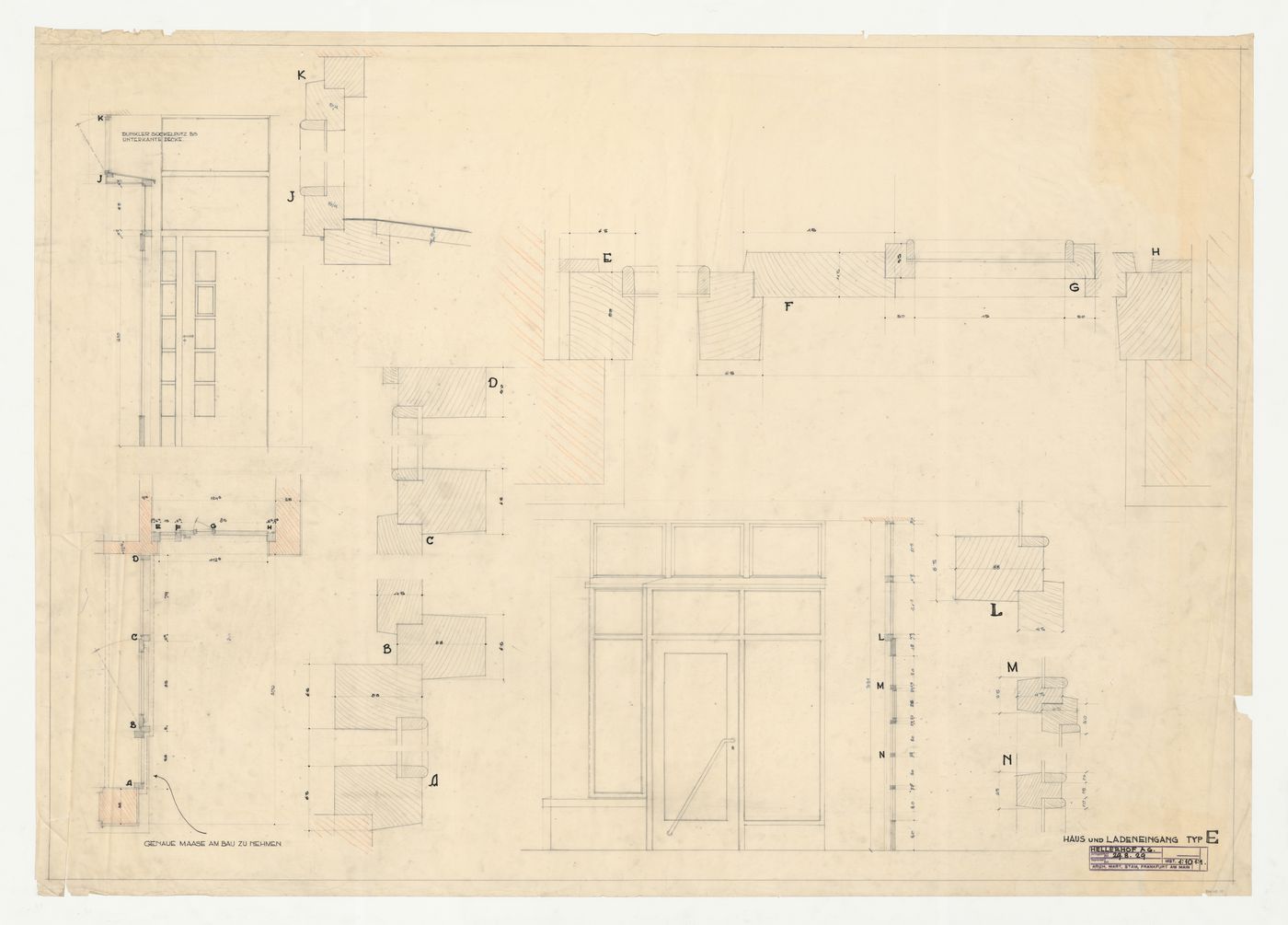 Elevations and removed sections for a type E housing unit and storefront for Hellerhof Housing Estate, Frankfurt am Main, Germany