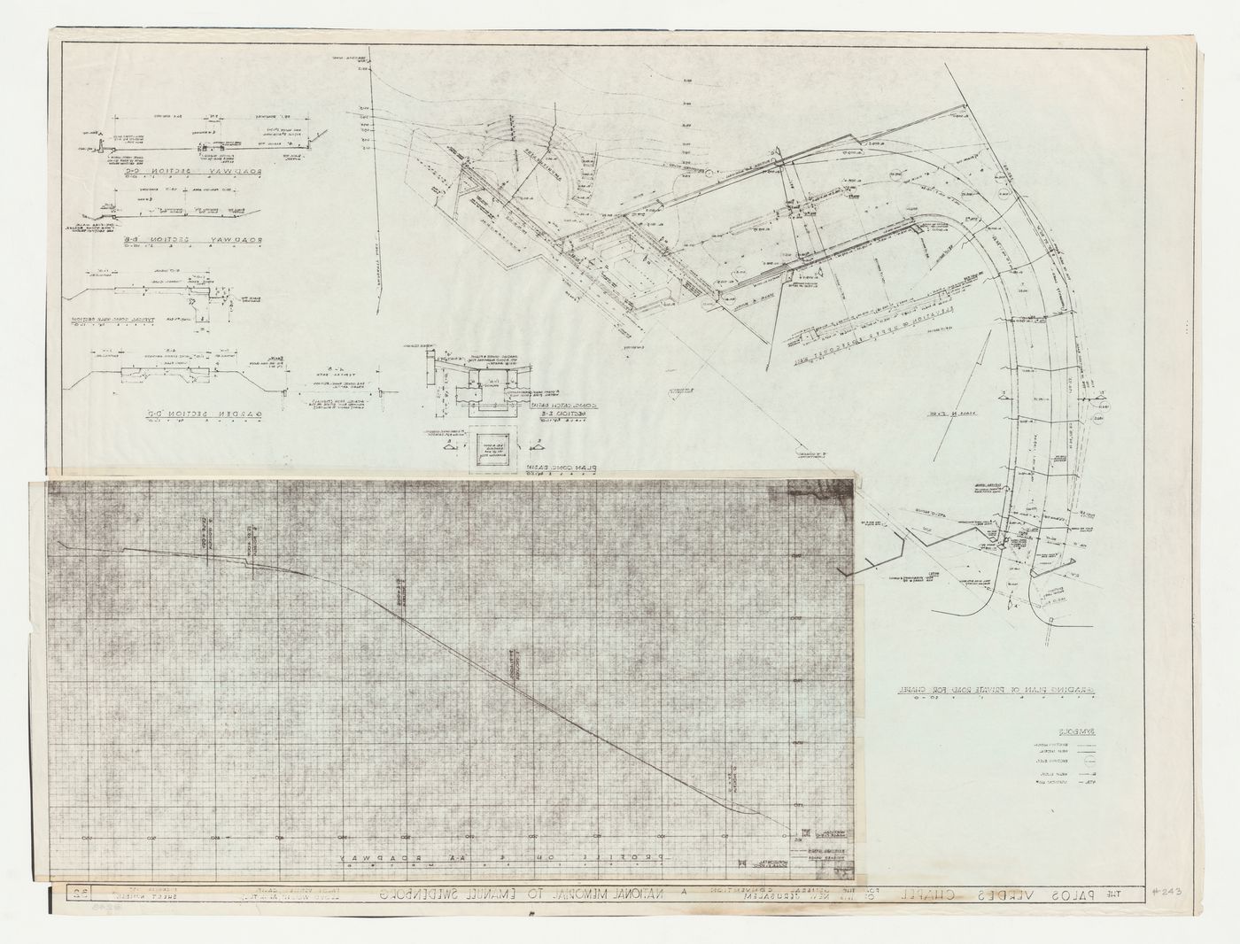 Wayfarers' Chapel, Palos Verdes, California: Reversed grading plan for access road, with details and section for the road