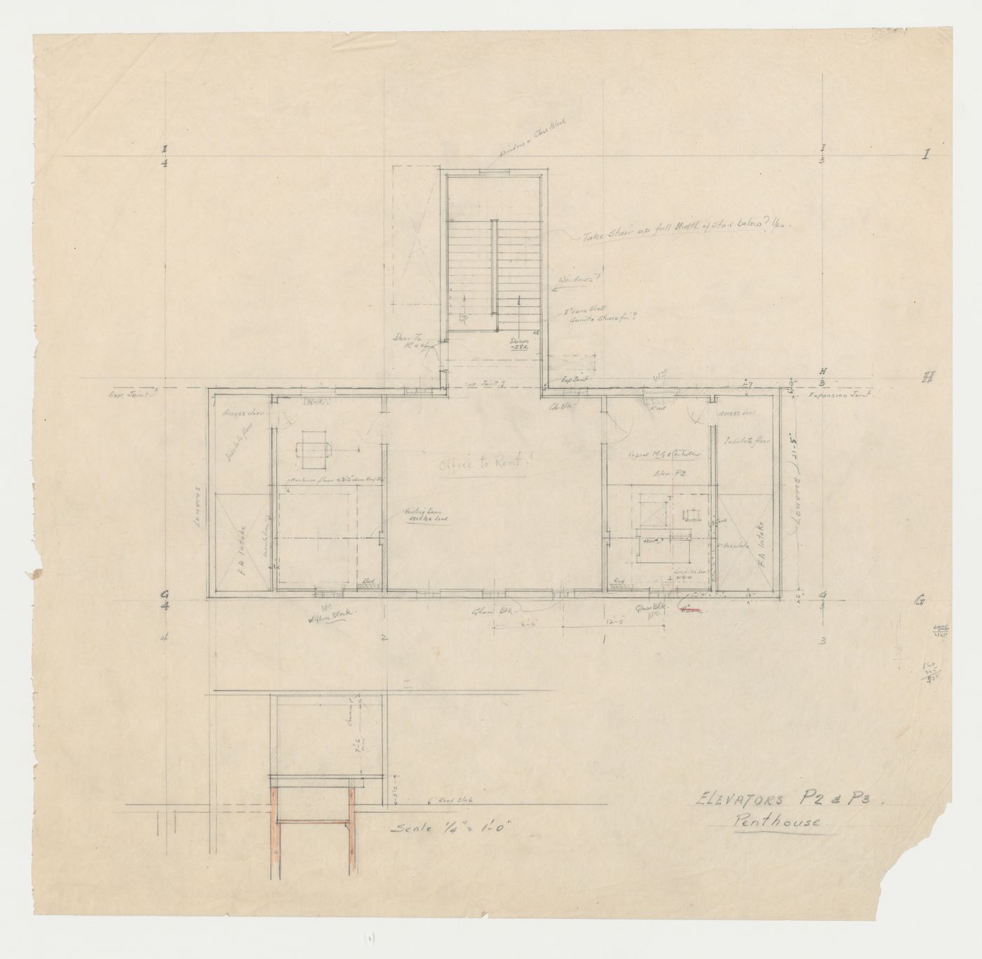 Plan des ascenseurs P2 et P3 du penthouse, Imprimerie Nationale du Canada, Hull, Québec, Canada