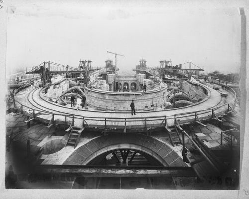Overall view with construction crew, from the north, Basilica of Sacré-Coeur de Montmartre, Paris, France