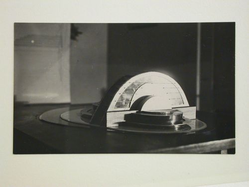 Photograph of a glass and metal [?] model for the first round of competition for a "synthetic theater" in Sverdlovsk, Soviet Union (now Ekaterinburg, Russia)