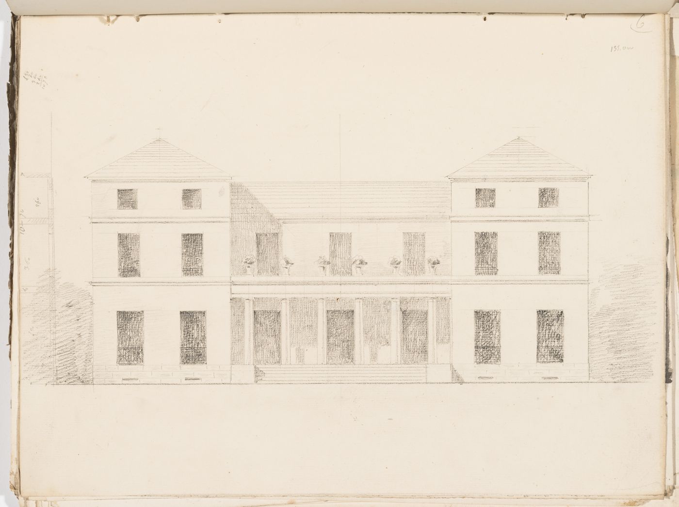 Project no. 6 for a country house for comte Treilhard: Elevation with partial section