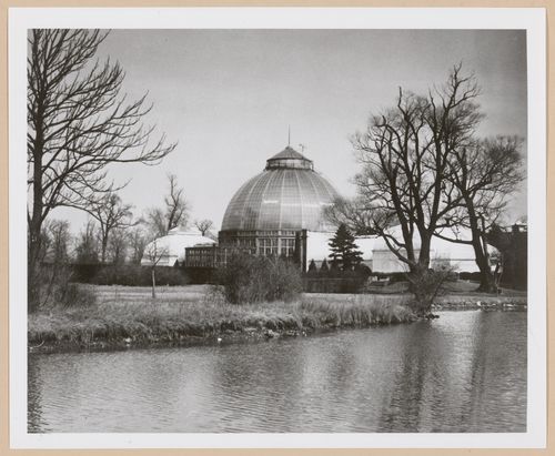 View of the Belle Isle Park Conservatory (also known as the Aquarium and Horticulture Building) from across the Detroit River, Detroit, Michigan