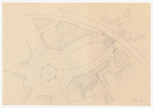 Site plan for the reconstruction of the Hofplein (city centre) showing monument plaza, mixed-use developments and Café Viaduct, Rotterdam, Netherlands