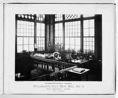 Interior view of superintendent’s desk in the corner of the Willimantic Company’s new mill, no. 4, town of Willimantic, now Windham, Connecticut, United States