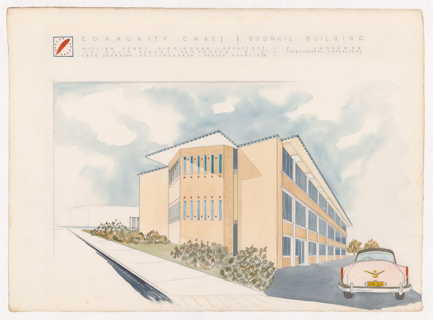 Exterior perspective of entrance facade, Community Chest and Council Building, Vancouver, British Columbia