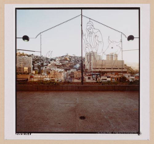 View of a nativity scene made out of lamps with a house and buildings in the background, Caracas, Venezuela