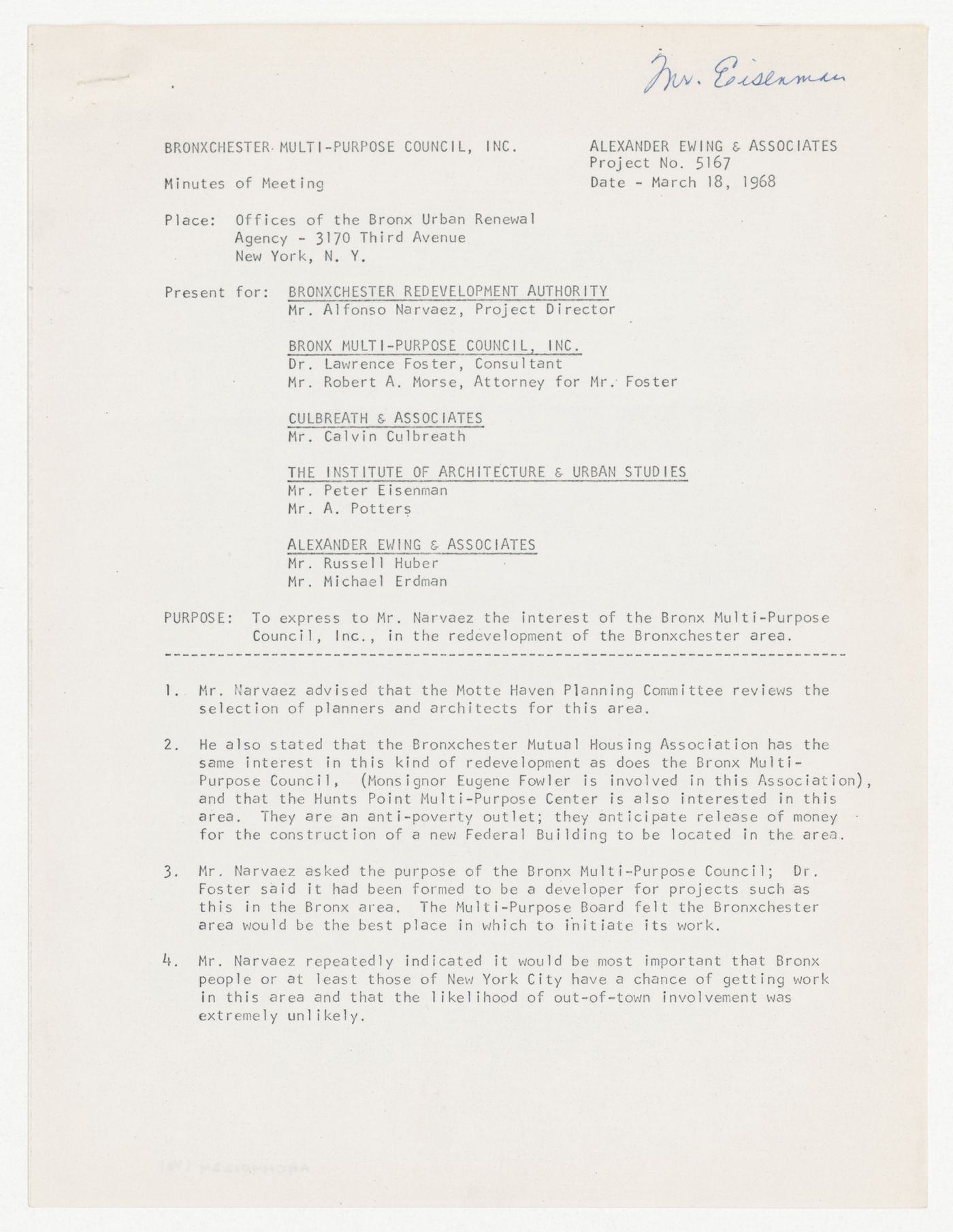 Minutes of meeting of Bronxchester Multi-Purpose Council about redevelopment of the Bronxchester area