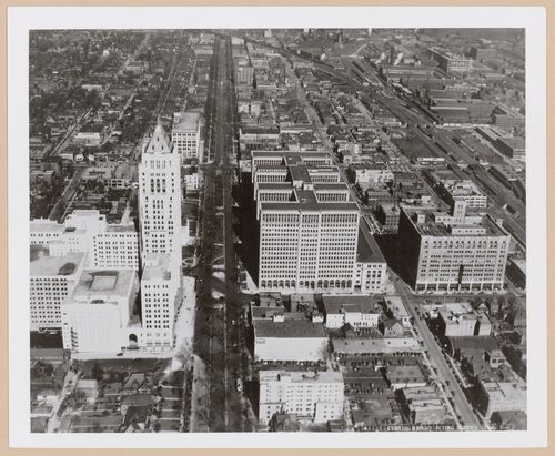 Aerial view of Detroit showing the Fisher Building on the left and the General Motors Building in the centre, West Grand Boulevard, Detroit, Michigan