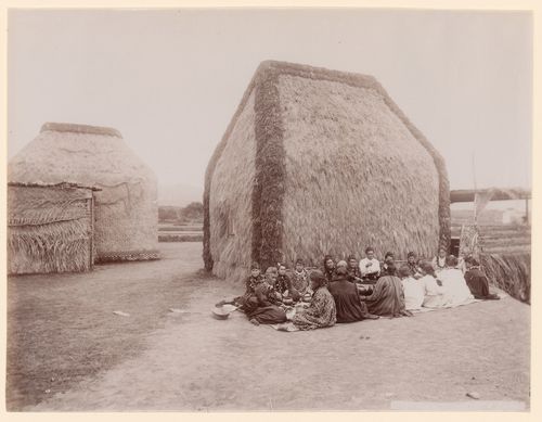 View of two "hale pili" (grass-covered buildings), with group of people at a lū'au in the foreground, Moanalua Gardens, Honolulu, Hawaii, United States