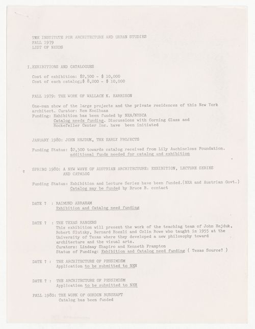 List of needs for fall 1979