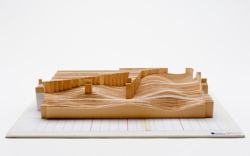 Roof model made of undulating cardboard strips for post-competition revision phase for BWM Welt [BMW World], Munich, Germany