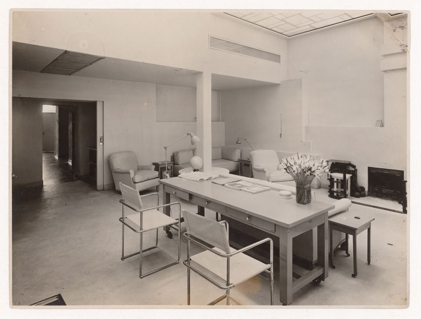 Interior view of Charles de Noailles's studio at Villa Noailles, partially showing stained glass window by Louis Barillet, Hyères, France