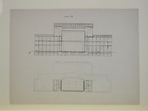 Photograph of a plan and section for a Red Army Theater, Moscow