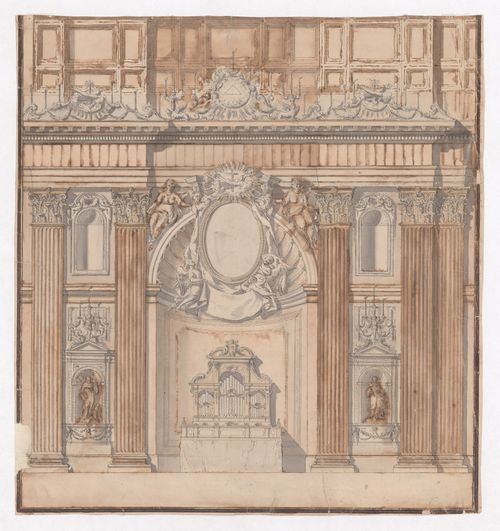 Élévation intérieure longitudinale du chœur d'une église romaine, montrant une abside avec orgue, Rome