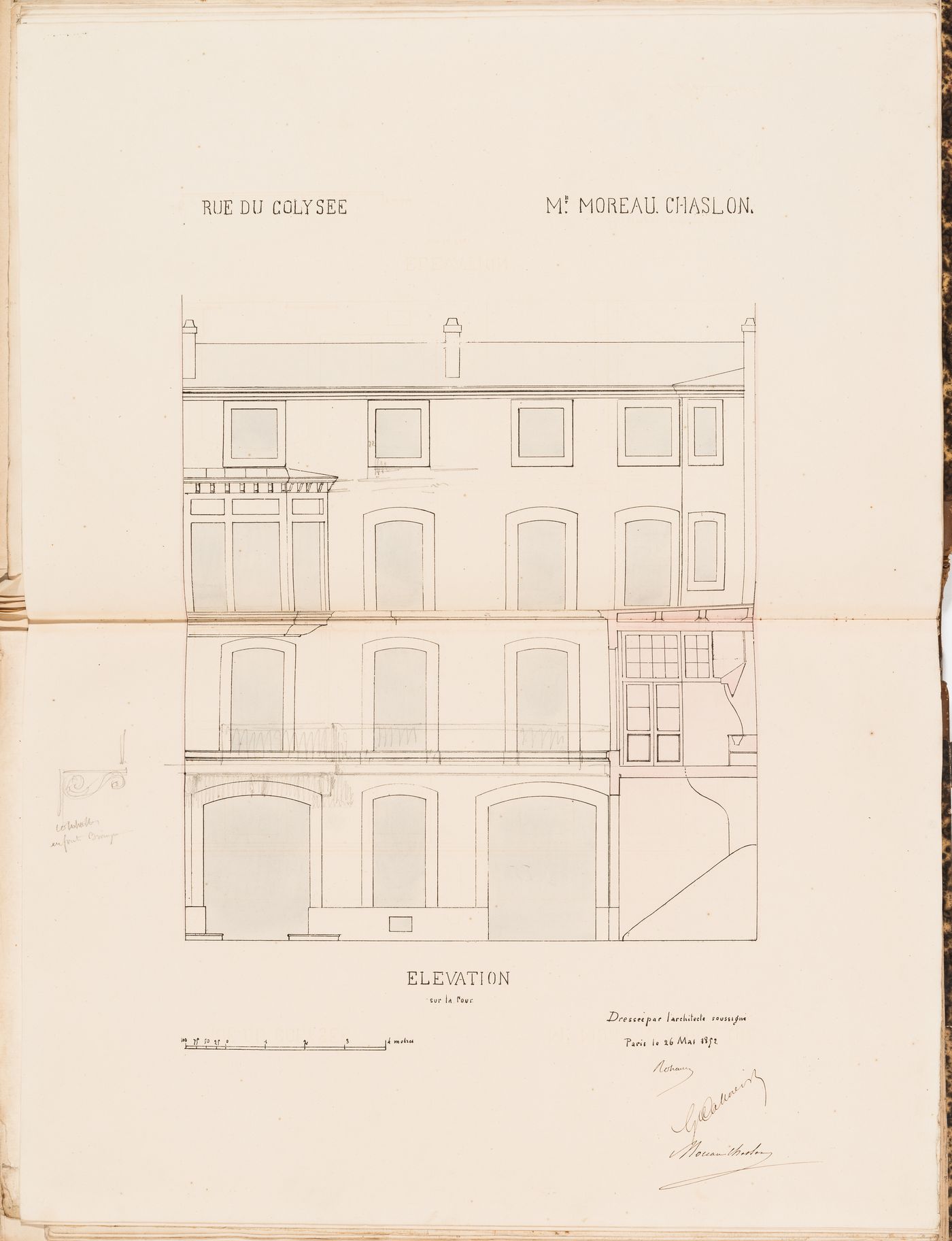 Contract drawing for a house for Monsieur Moreau Chaslon, rue du Colysée, Paris: Elevation for the courtyard façade