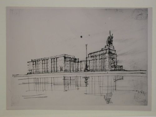 Photograph of a perspective sketch for the Izvestiia newspaper combine, Moscow