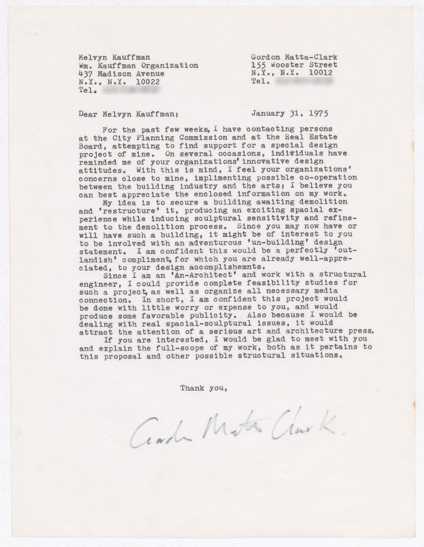 Letter from Gordon Matta-Clark to Melvyn Kauffman
