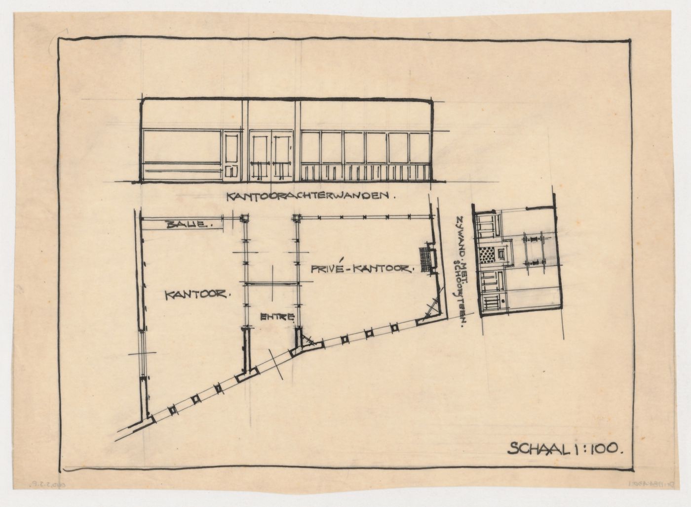Plan and elevation for an office and elevation for a living room fireplace, possibly for Olveh mixed-use development, Rotterdam, Netherlands