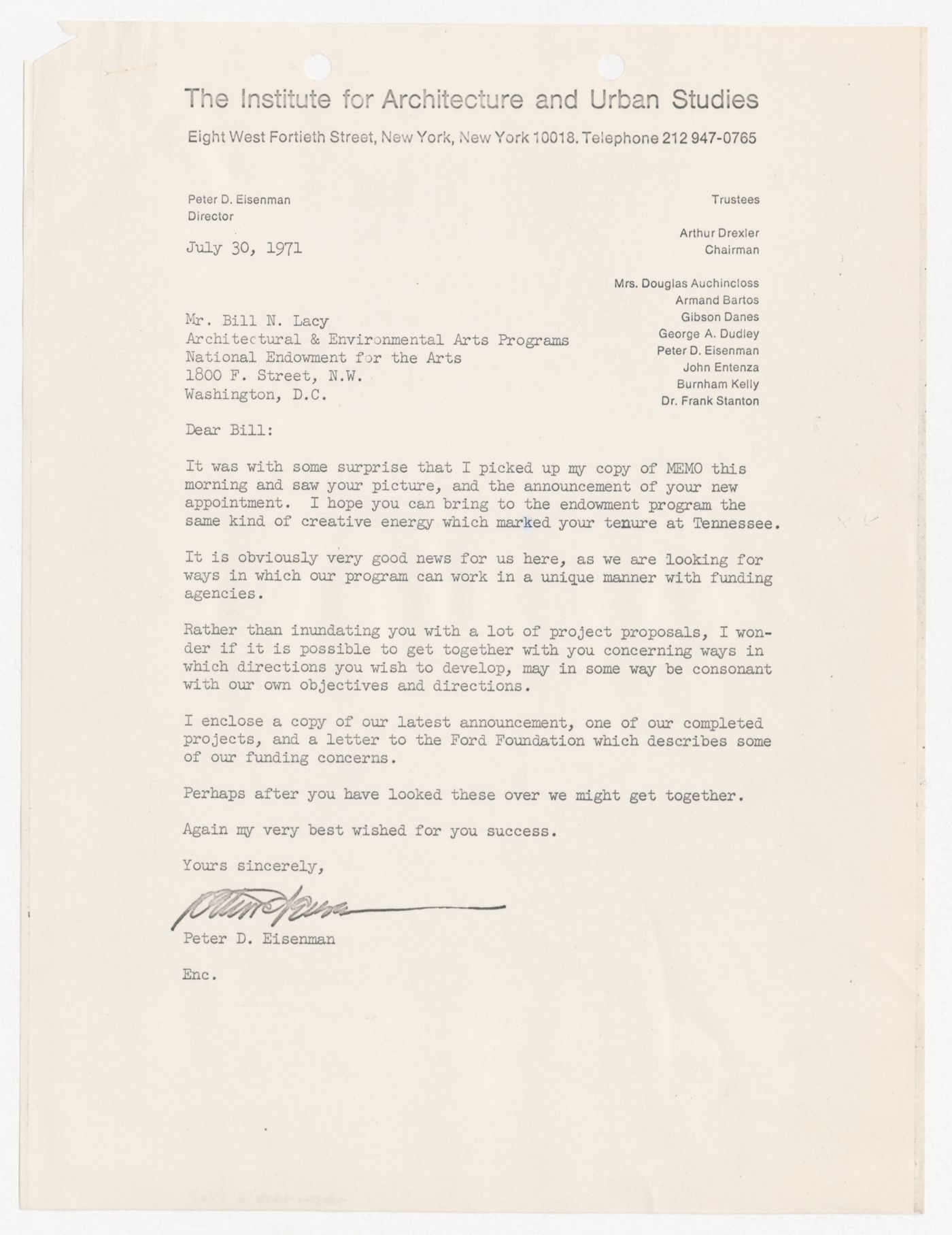 Letter from Peter D. Eisenman to Bill N. Lacy with attached IAUS announcement of July 1971