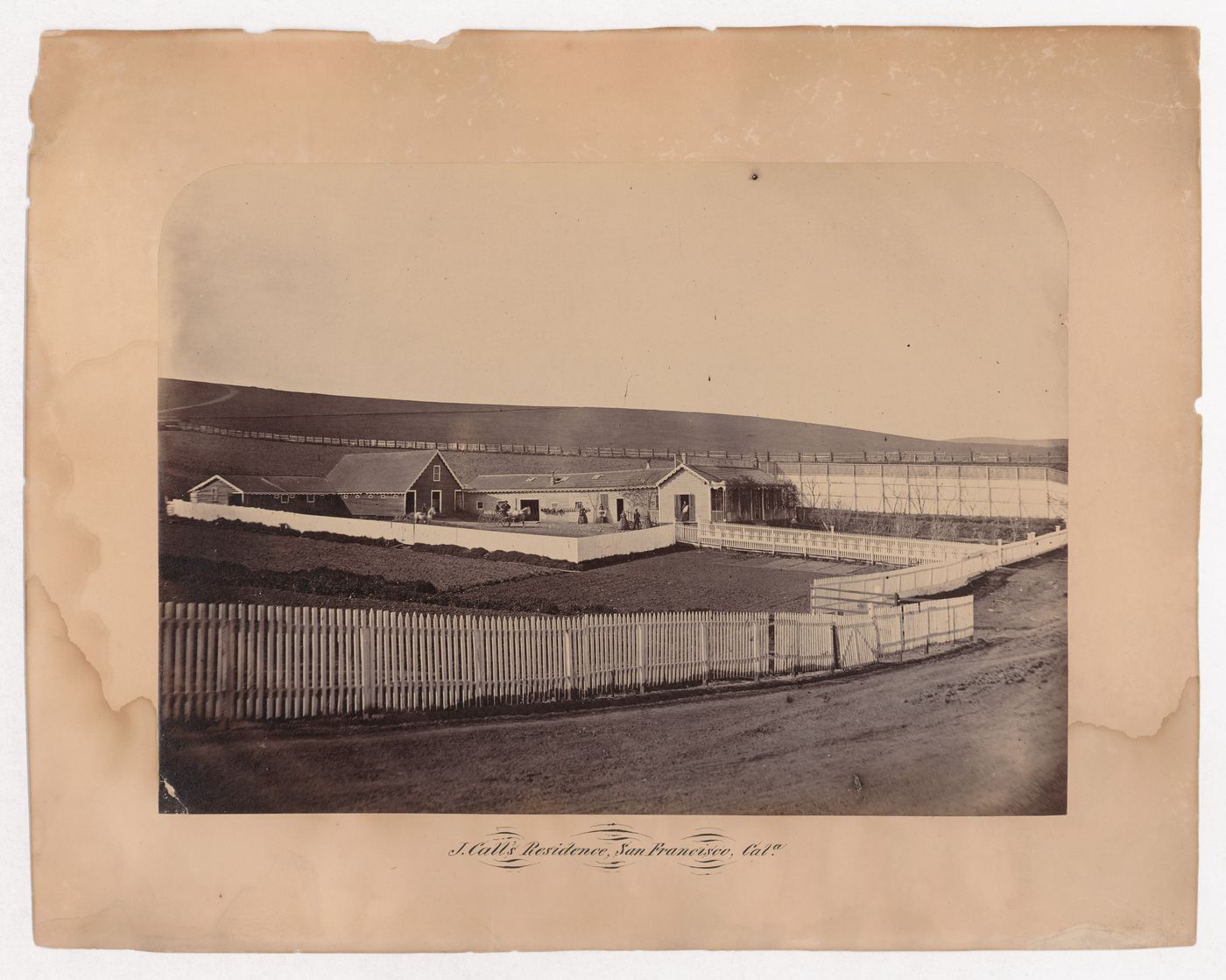 J. Calls Residence, view of fenced off house barns and farm land, San Francisco, California
