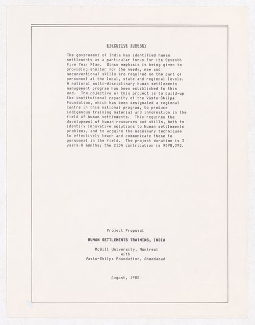 Project proposal for the Human Settlement Training, India, to the Canadian International Development Agency (CIDA)