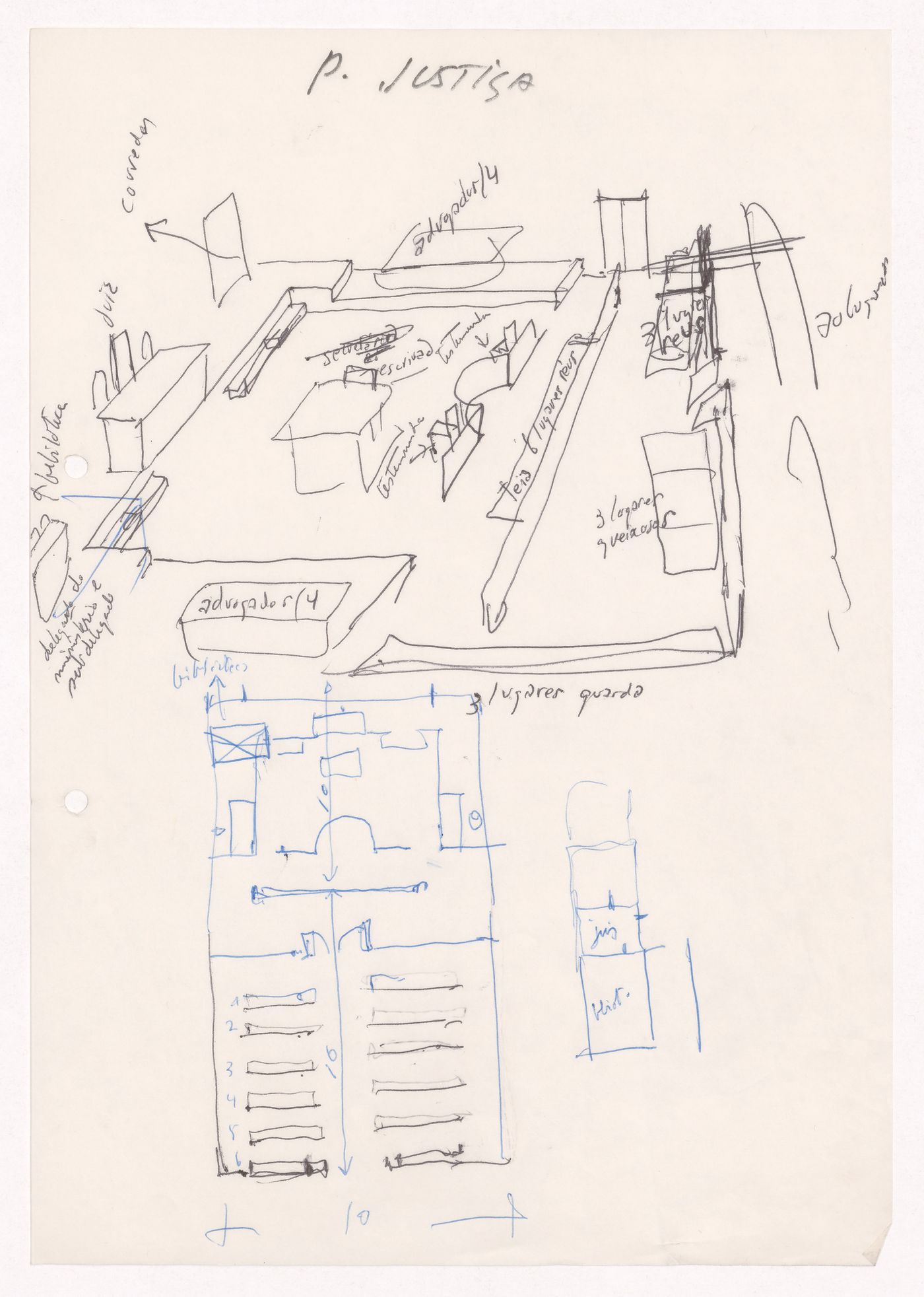 Sketch perspective and floor plan for Palácio de Jústiça, Montemor-o-Velho, Portugal