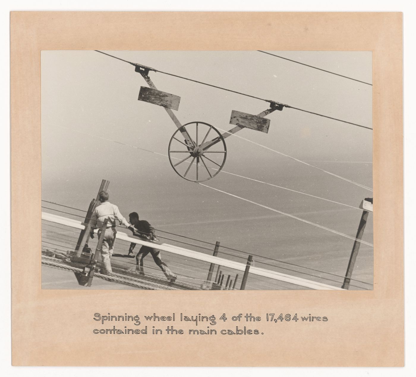 View of construction workers spinning cable on the San Francisco-Oakland Bay Bridge, San Francisco, California, United States