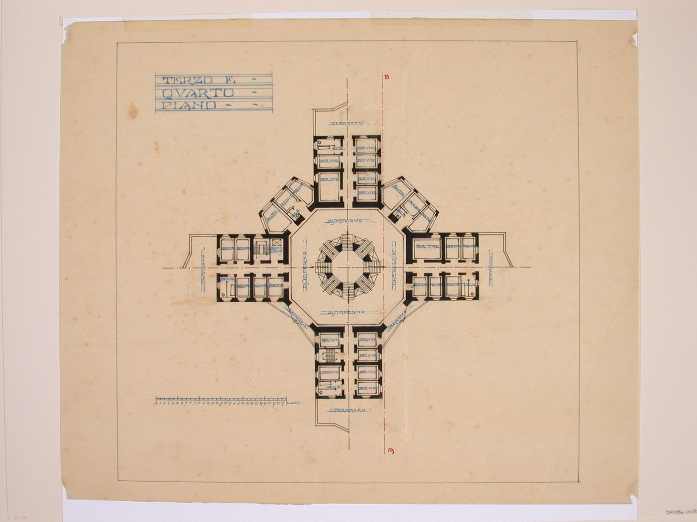 Plan of the third and fourth floors for an cruciform-plan hotel